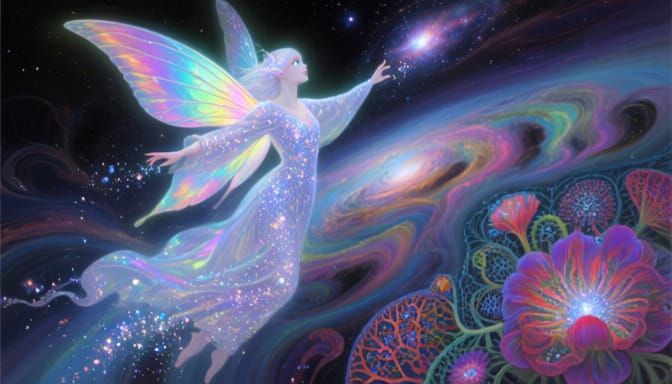 Celestial Fairy Dancing Through Space with Iridescent Wings