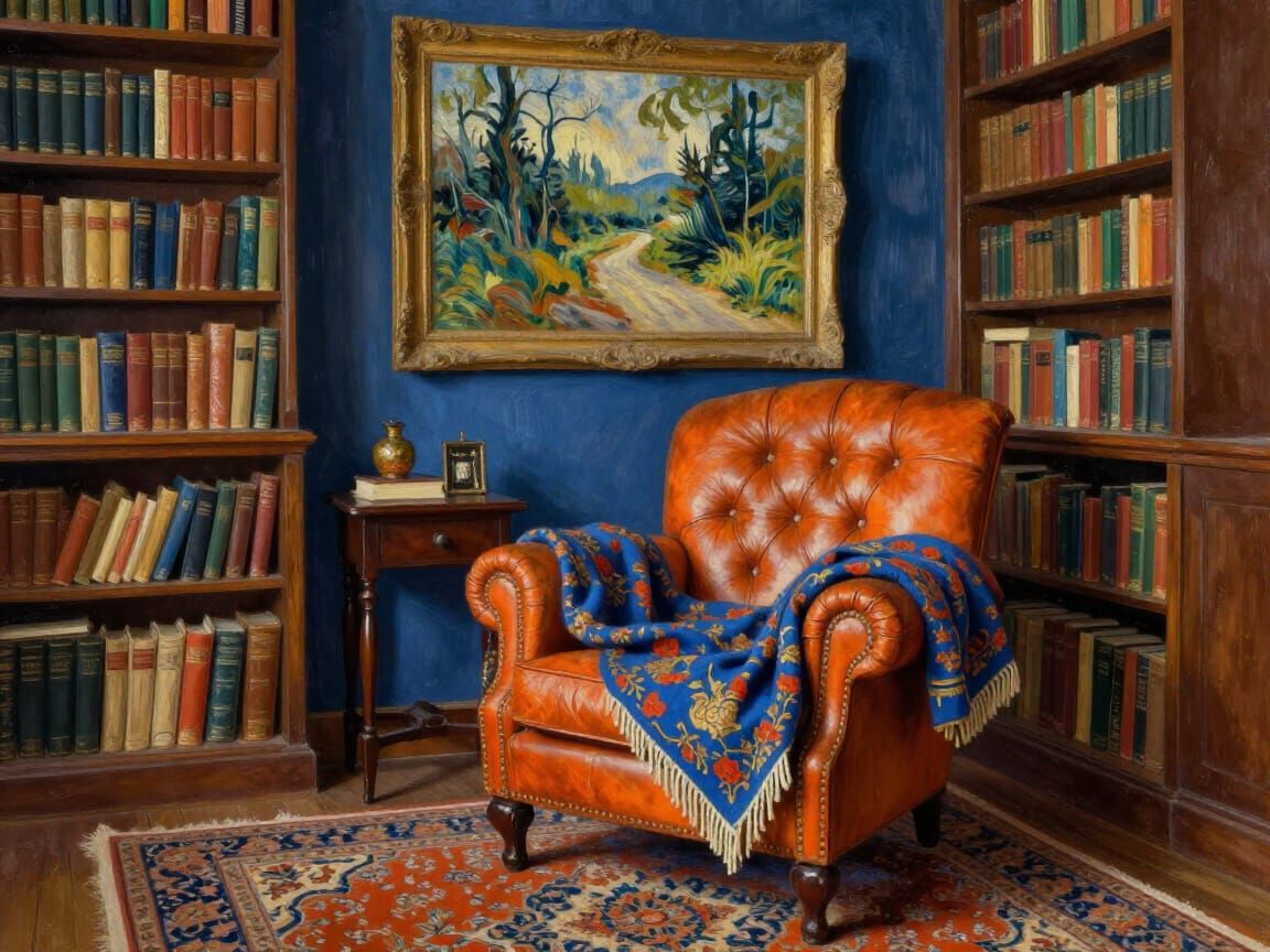 Cozy Library Interior With Orange Armchair and Landscape Pai...
