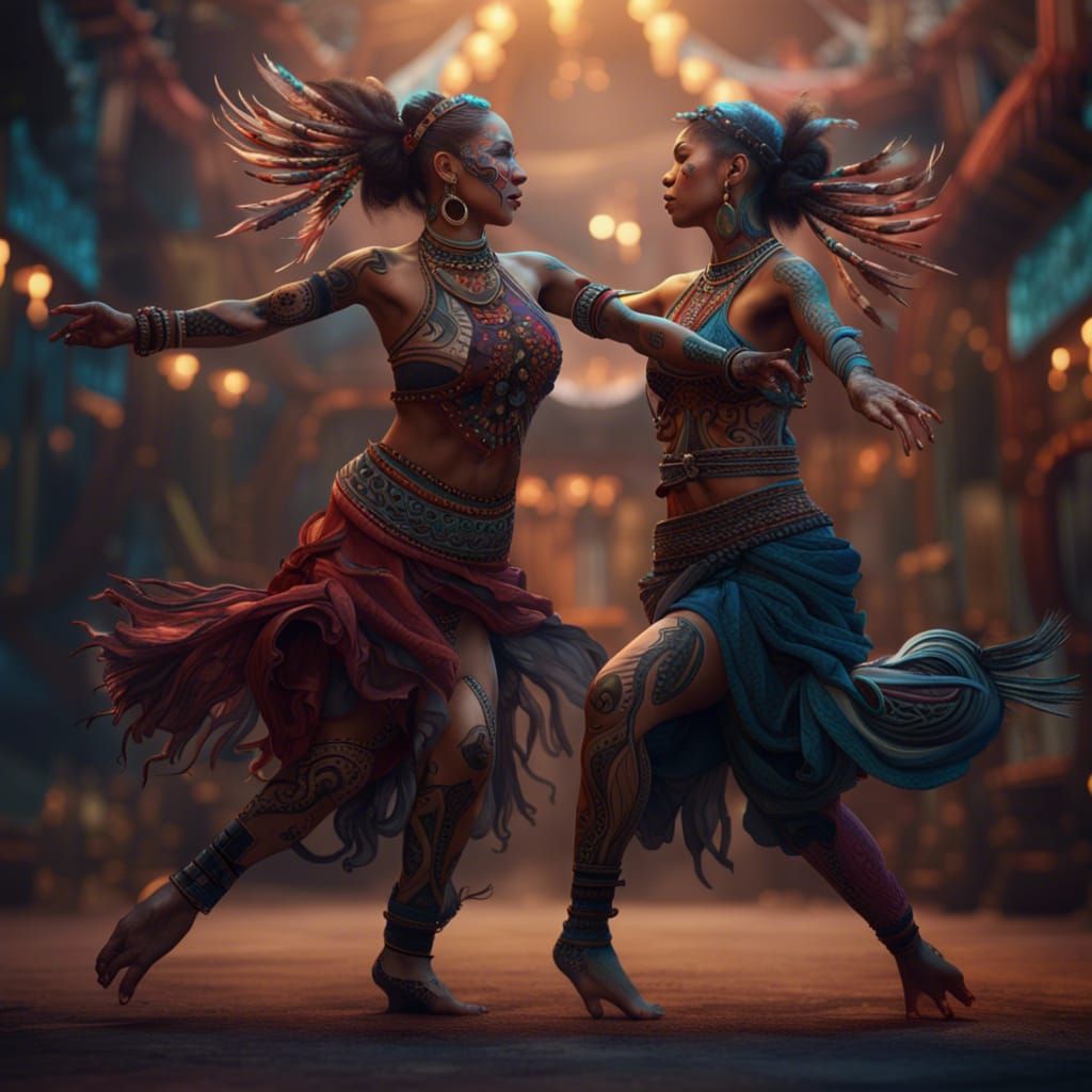 Women with Tribal Tattoos Dancing: Fantasy Concept Art
