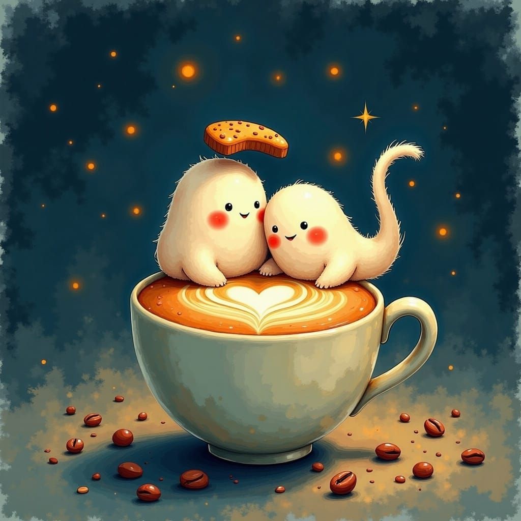 Cappuccino with Cartoon Ghosts in Watercolor Style