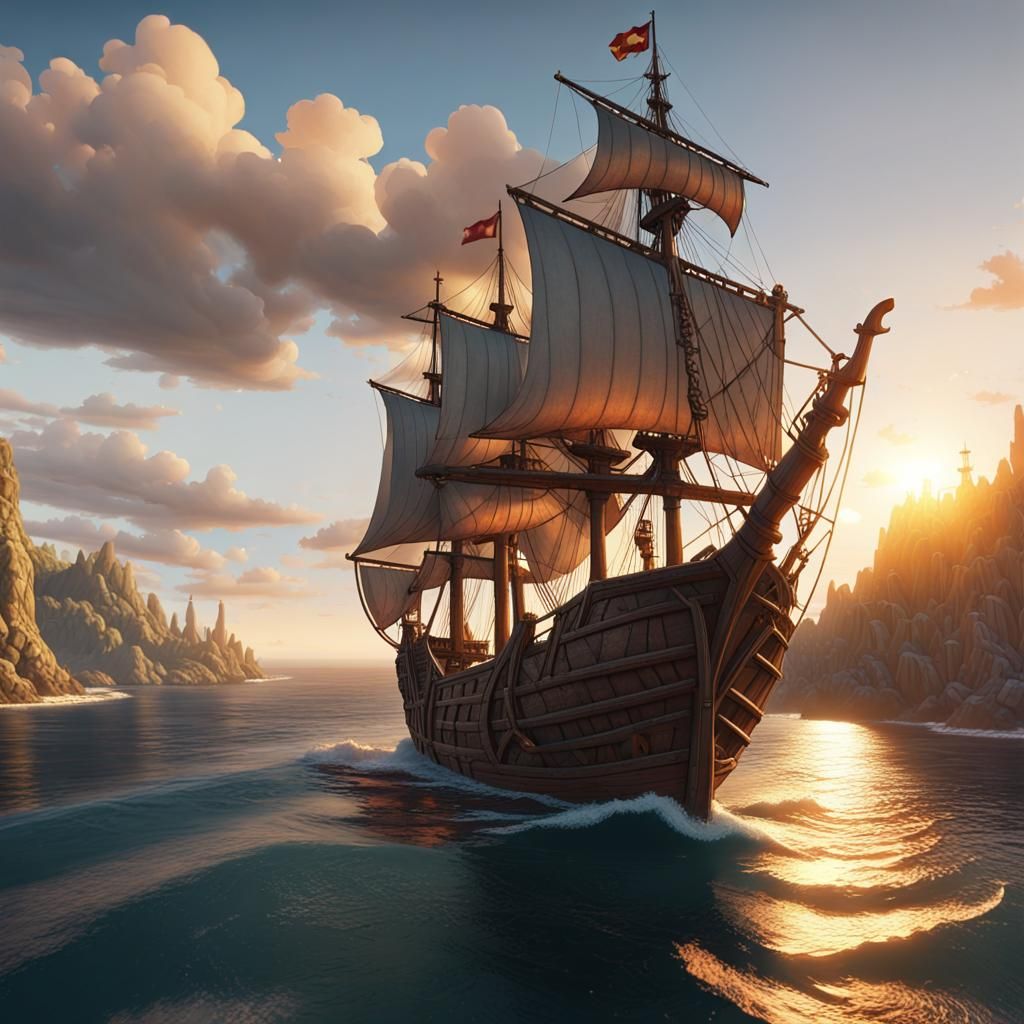Melee Island Sunset: Medieval Ship in Comic Style