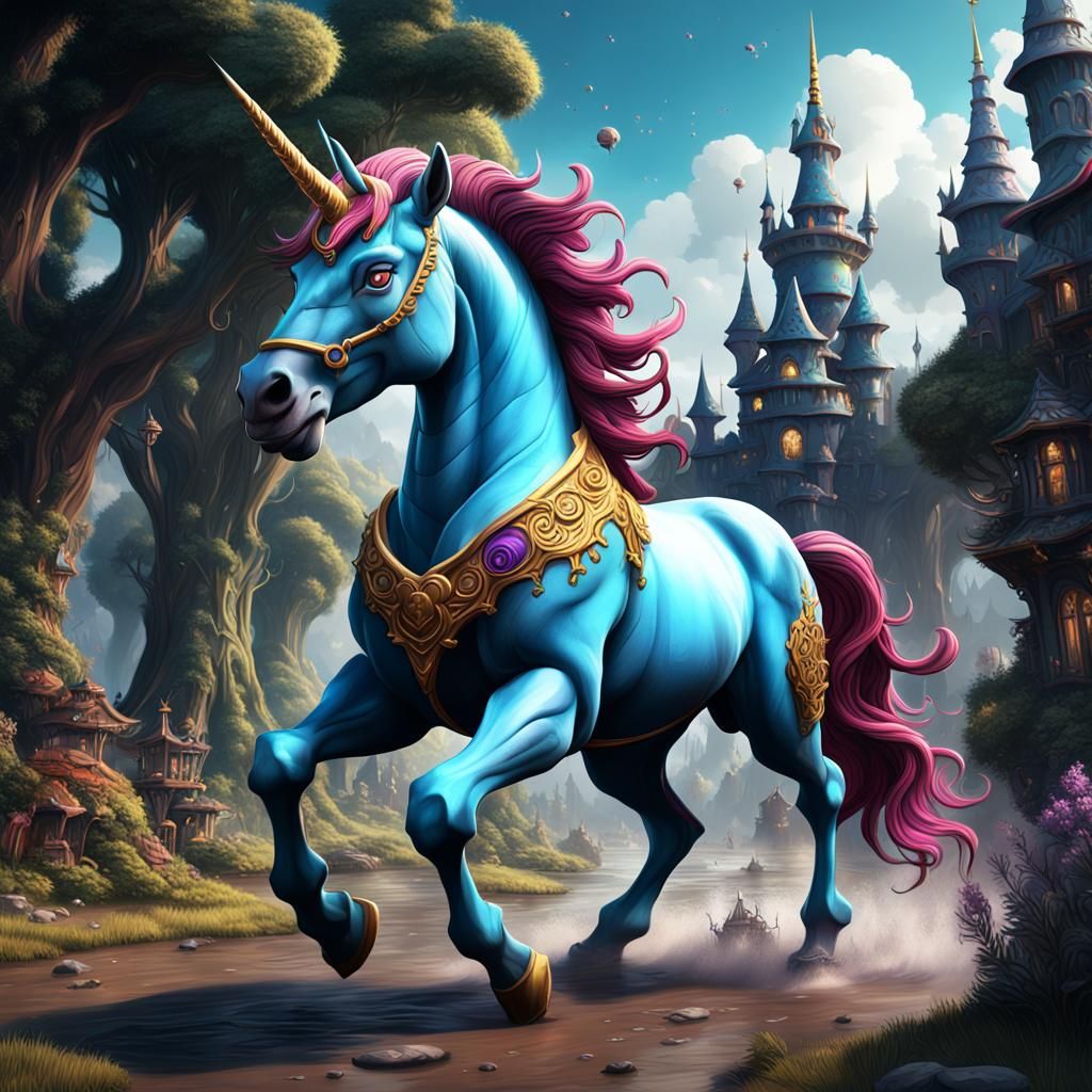 Mad Cartoon Unicorn, Detailed Fantasy Art