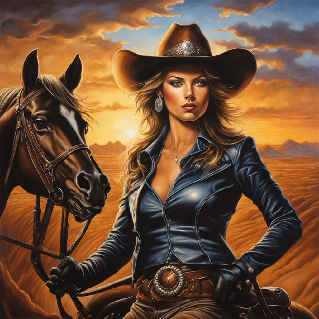 Dazzling Cowgirl Rides Through Dusty Sunset in Airbrush Styl...