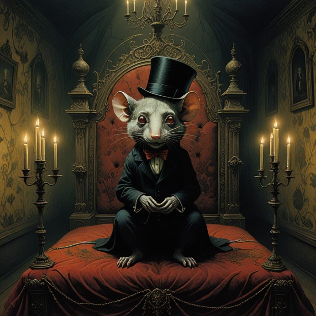 Surreal Victorian Vampire Mouse in Edward Gorey Style