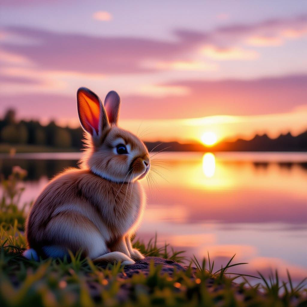 Fluffy Bunny at Pink Sunset Lake