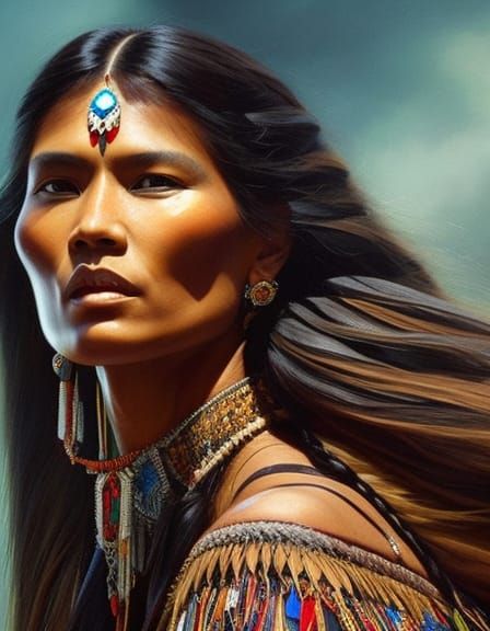 Hyperrealistic Pocahontas Portrait in Northwest Coast Art St...