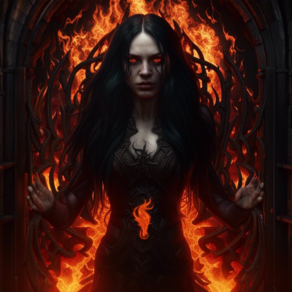Gothic Woman Emerges from Hell Gate in Flames
