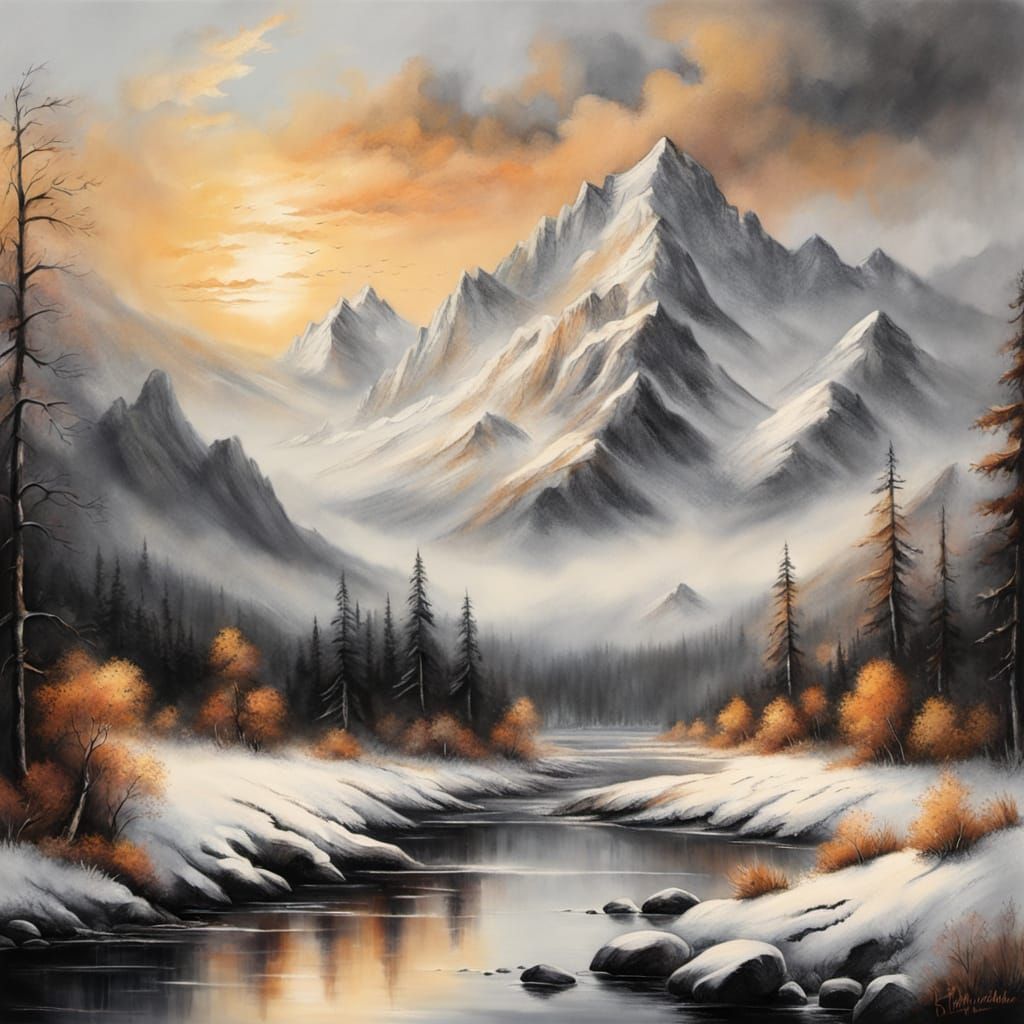 Snowy Mountains at Sunset: Charcoal Landscape in Bierstadt S...