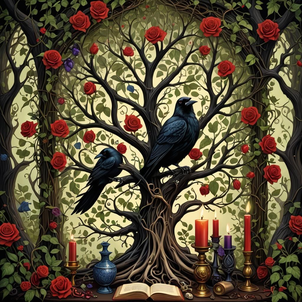 Tim Burton Apothecary Scene with Raven and Roses