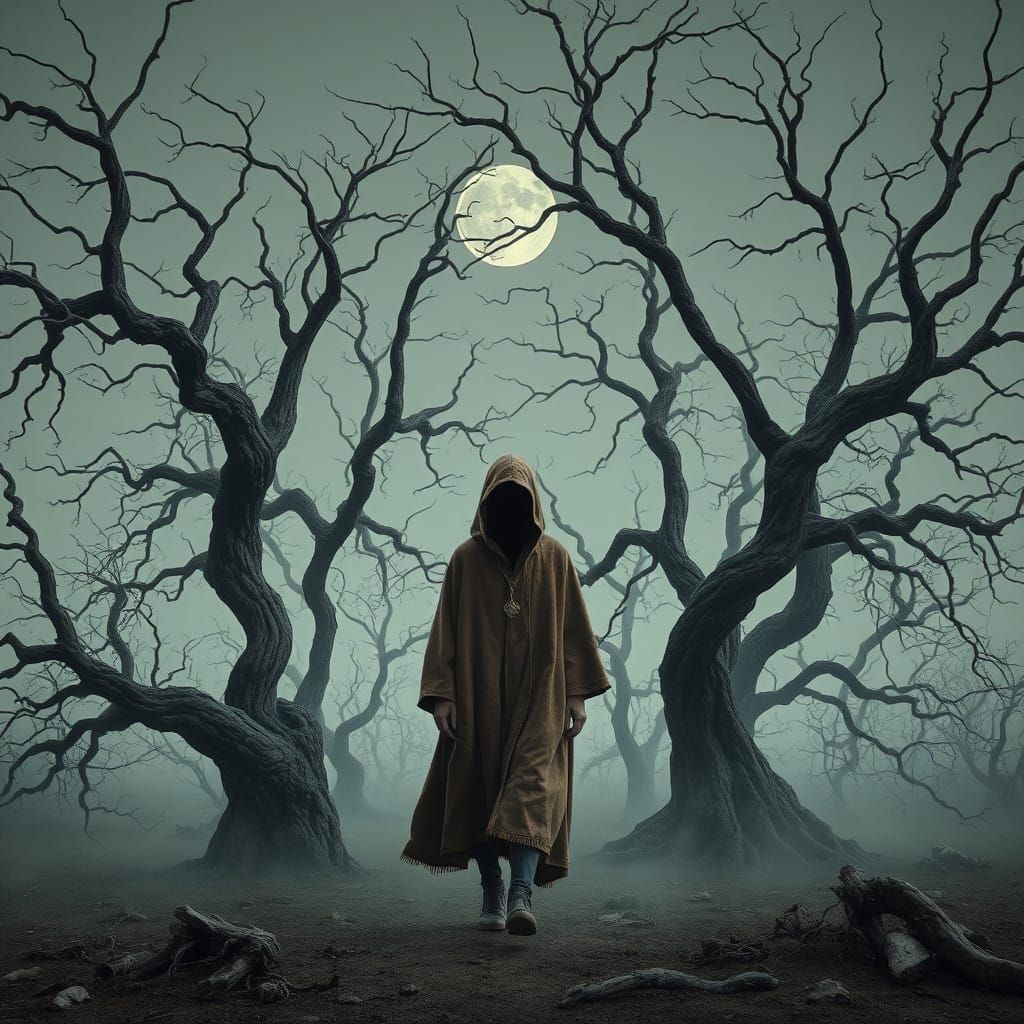 Lone Figure in a Haunting, Moonless Landscape