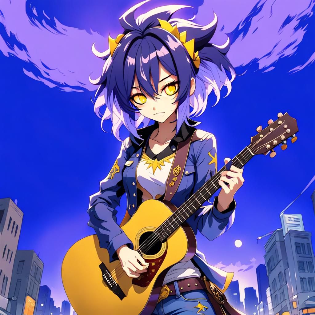 Anime Cowgirl Plays Guitar in Cityscape