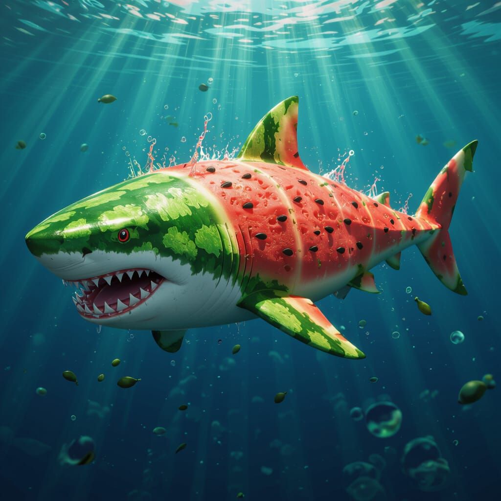 Fantastical Watermelon Shark in Matte Painting Style