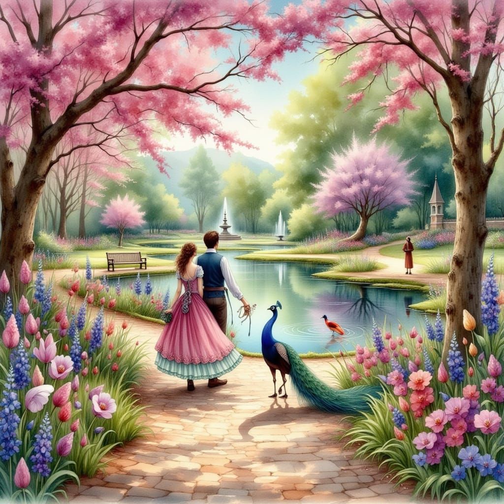 Romantic Garden Scene in Watercolor Style