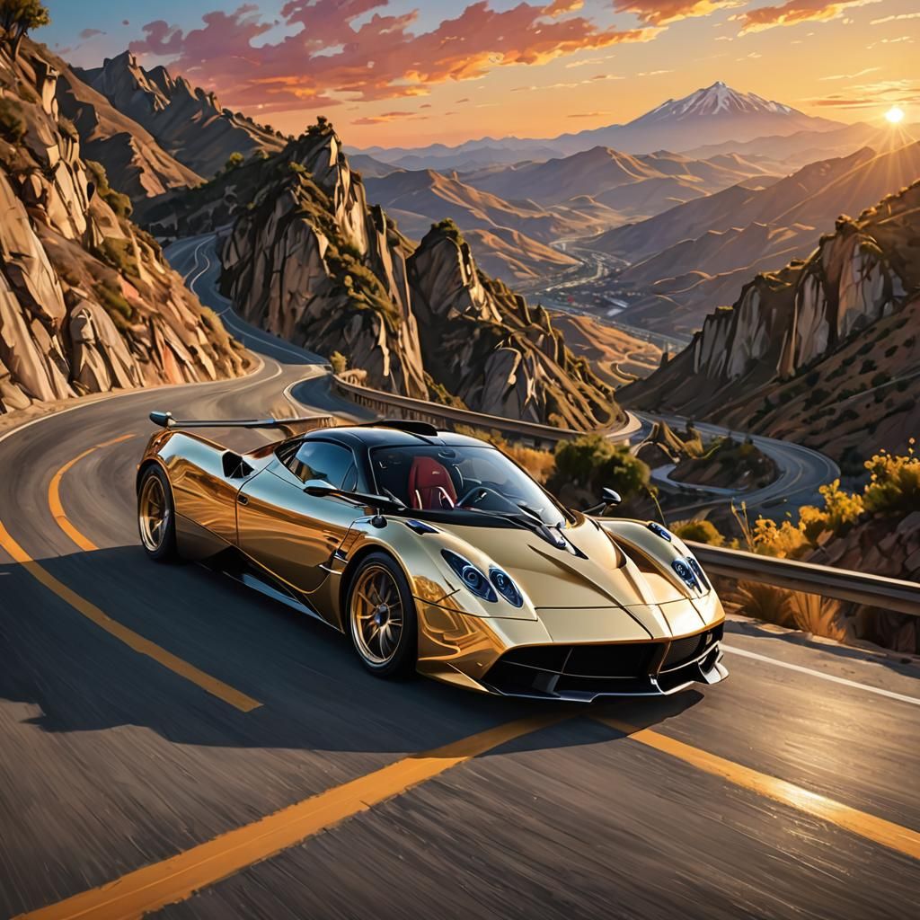 Gold Pagani Huayra Speeding at Sunset