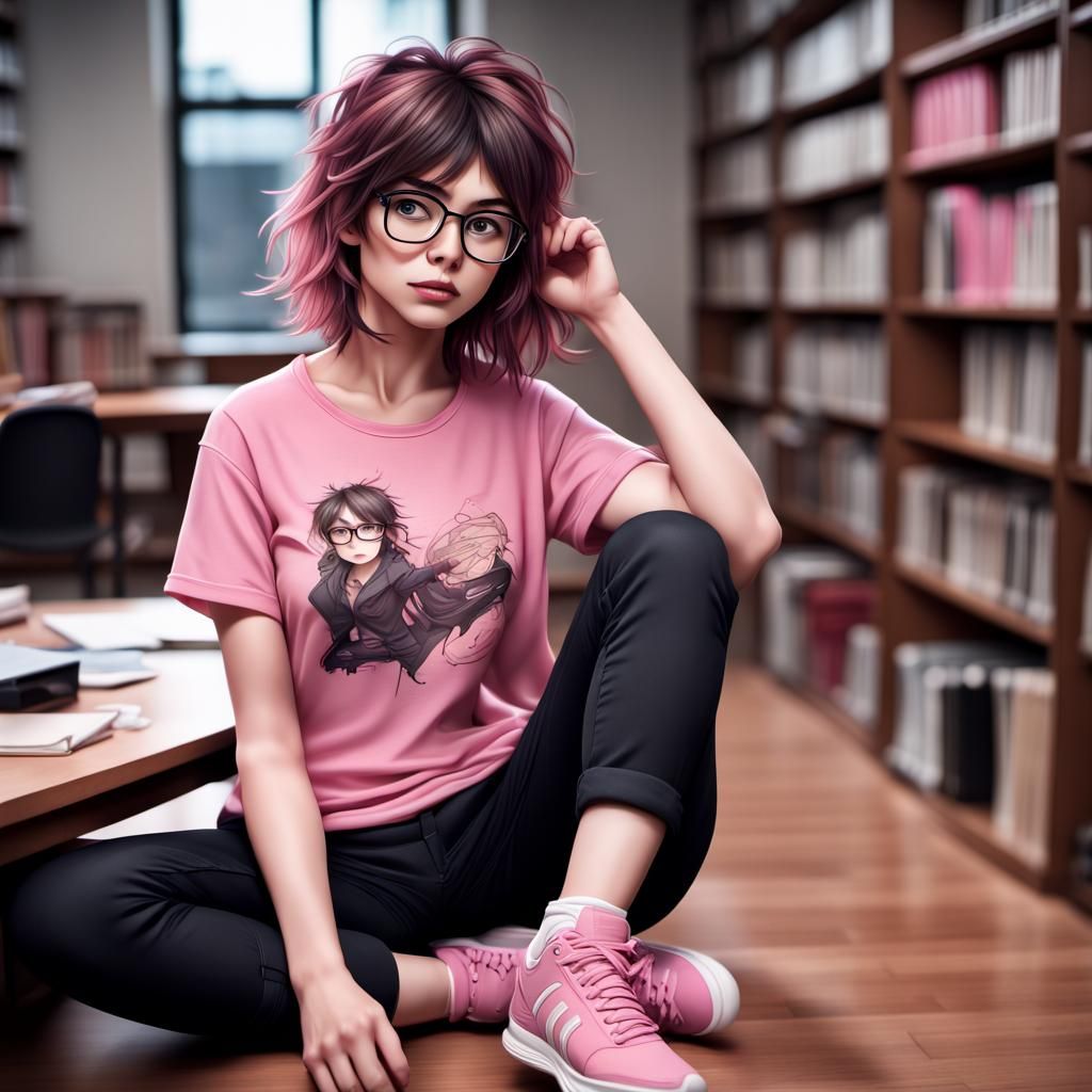 Hyperrealistic Librarian in Pink Anime Tee Shirt