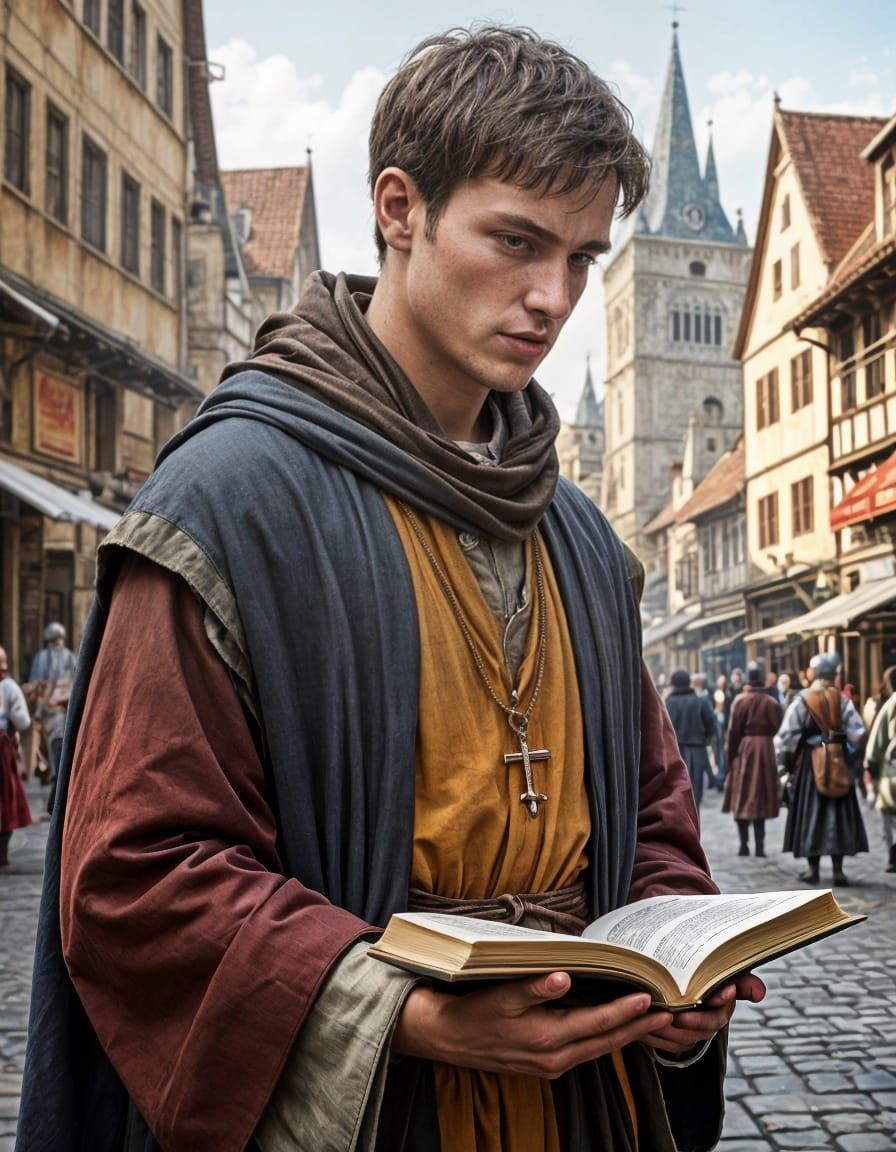 Medieval Monk in Bustling Town Square