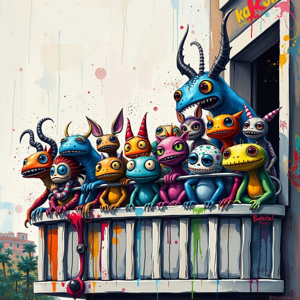 Whimsical Creatures on Balcony in Graffiti Style
