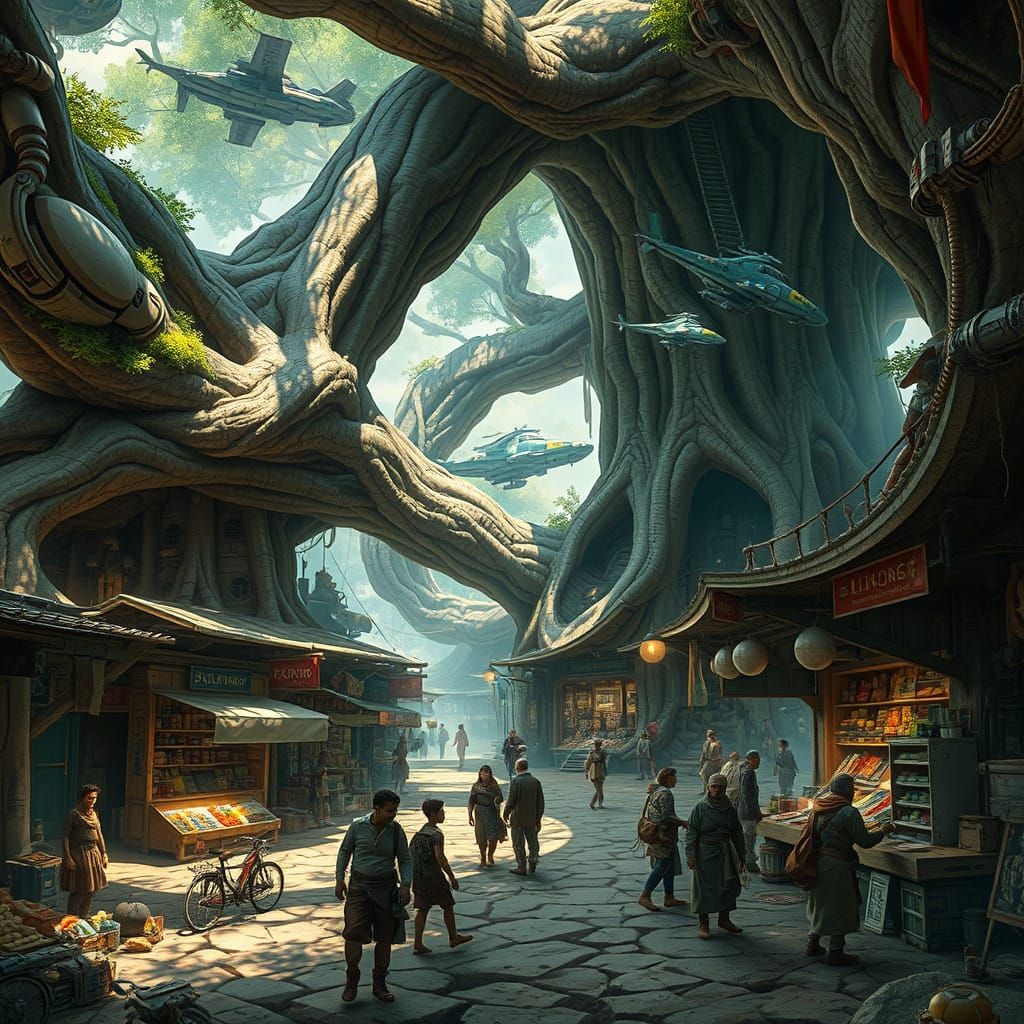 Futuristic Marketplace Inside Ancient Tree