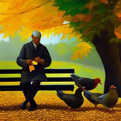 Impressionistic Old Man Feeding Pigeons in Autumn