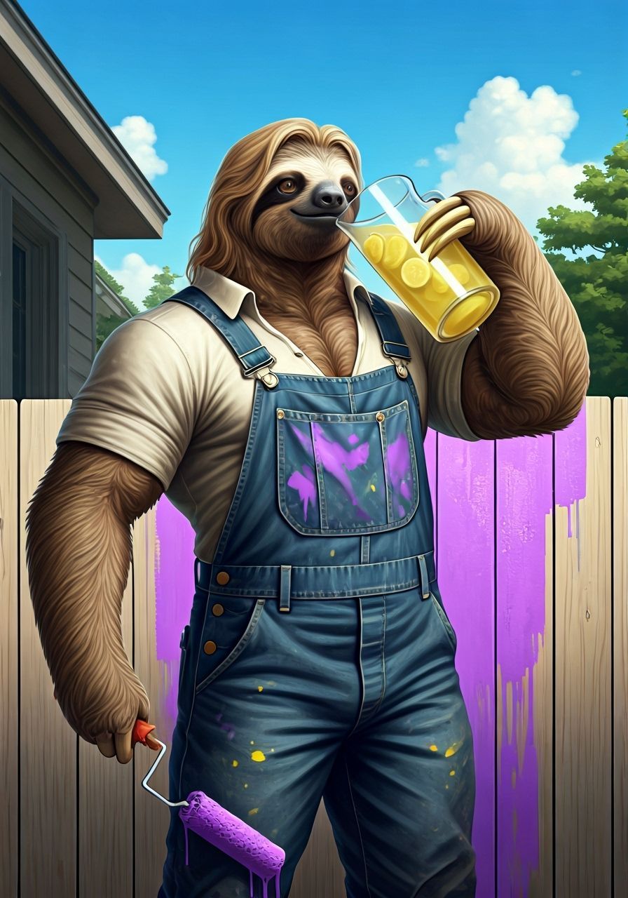 Muscular Sloth Drinks Lemonade in Sunlit Yard