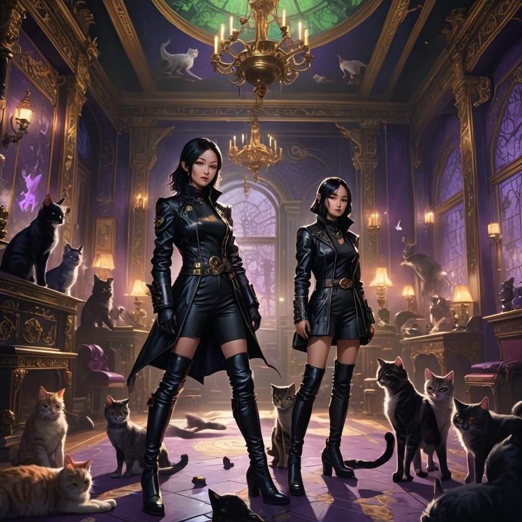 Juri Han Surrounded by Cats in Ornate Room