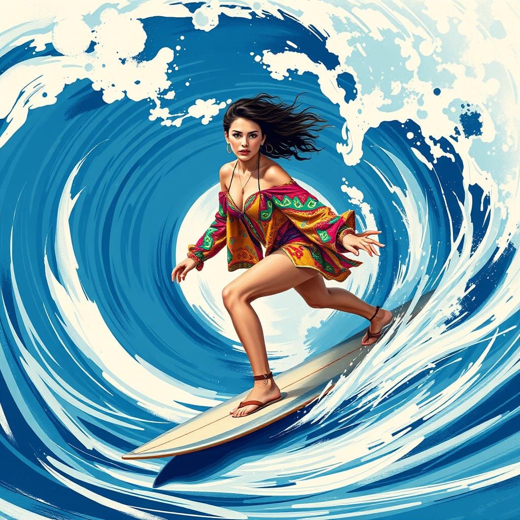 Confident Surfer in Abstract Wave, Inspired by Artistic Pion...