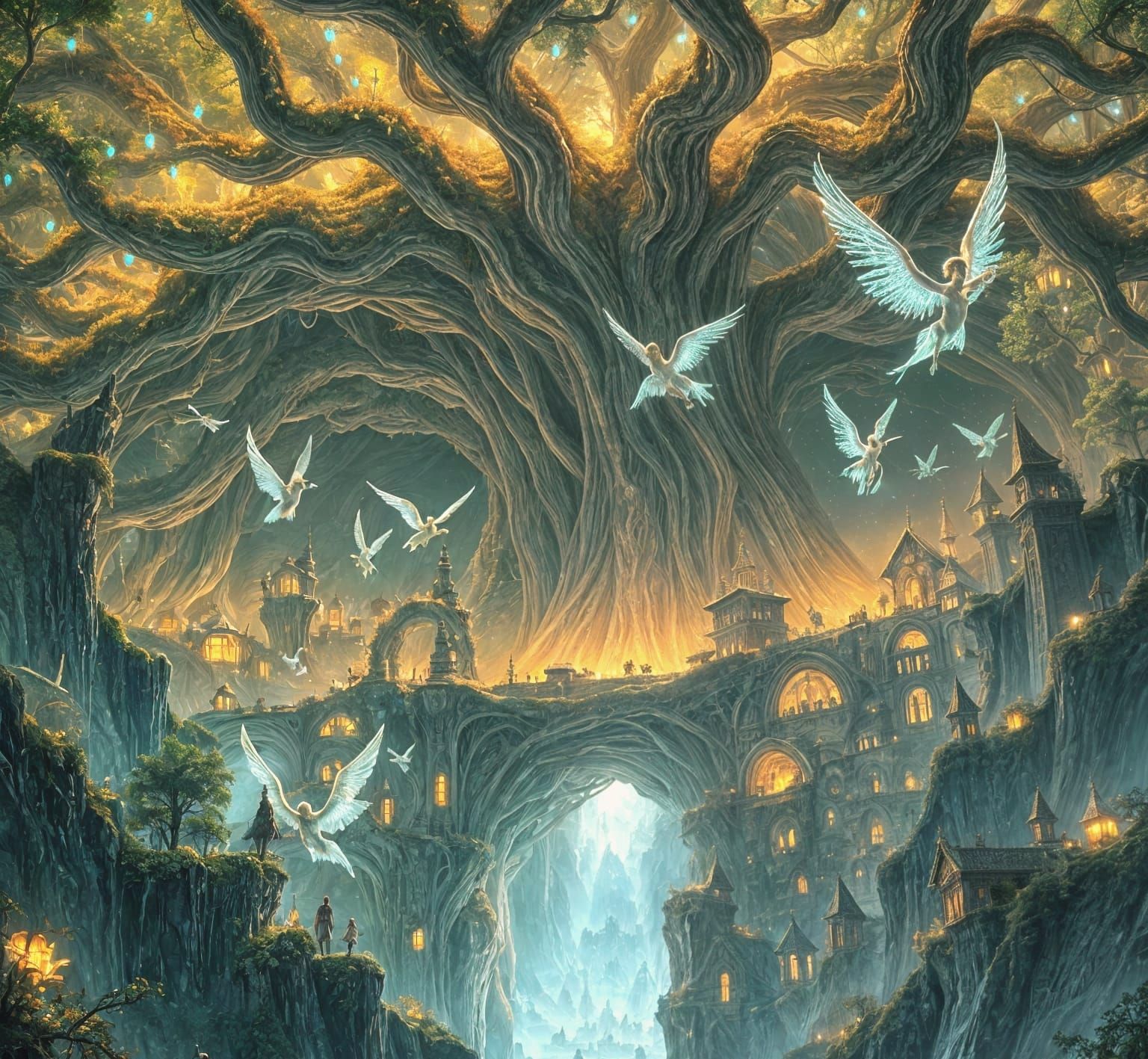 Majestic Elven City in Ancient Tree with Bioluminescence
