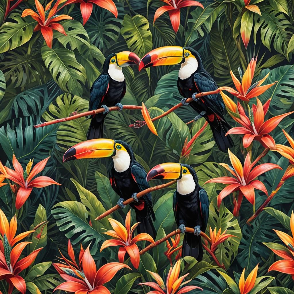 Vibrant Toucans in Lush Tropical Garden: Splash Art