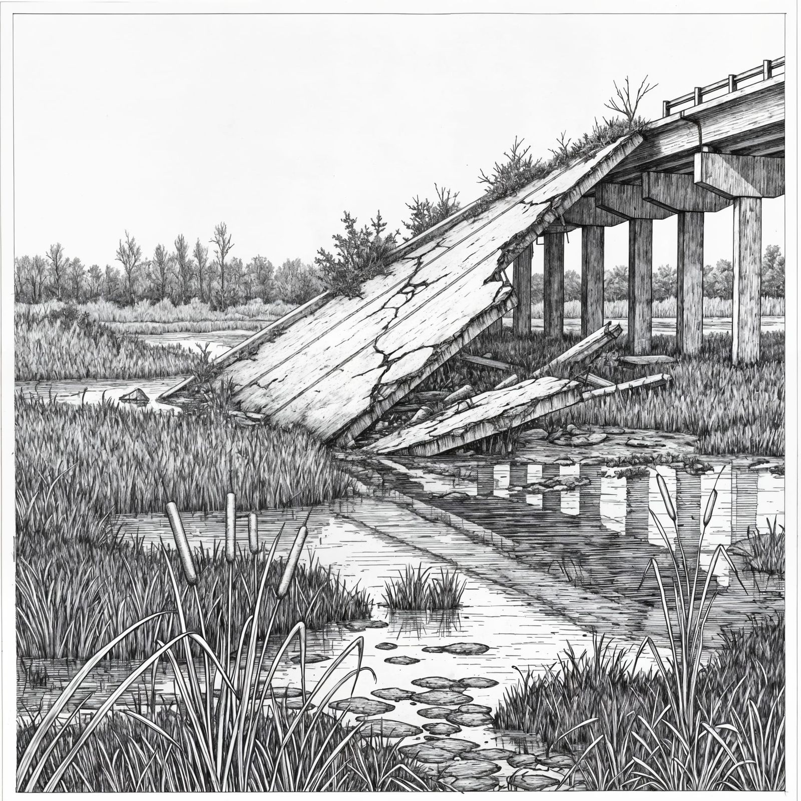 Overgrown Wetland Overpass Drawing in Michael Workman Style