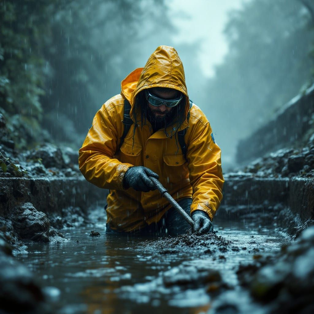 Hyper Realistic Septic Tank Cleaner in a Grimy, Rainy Landsc...