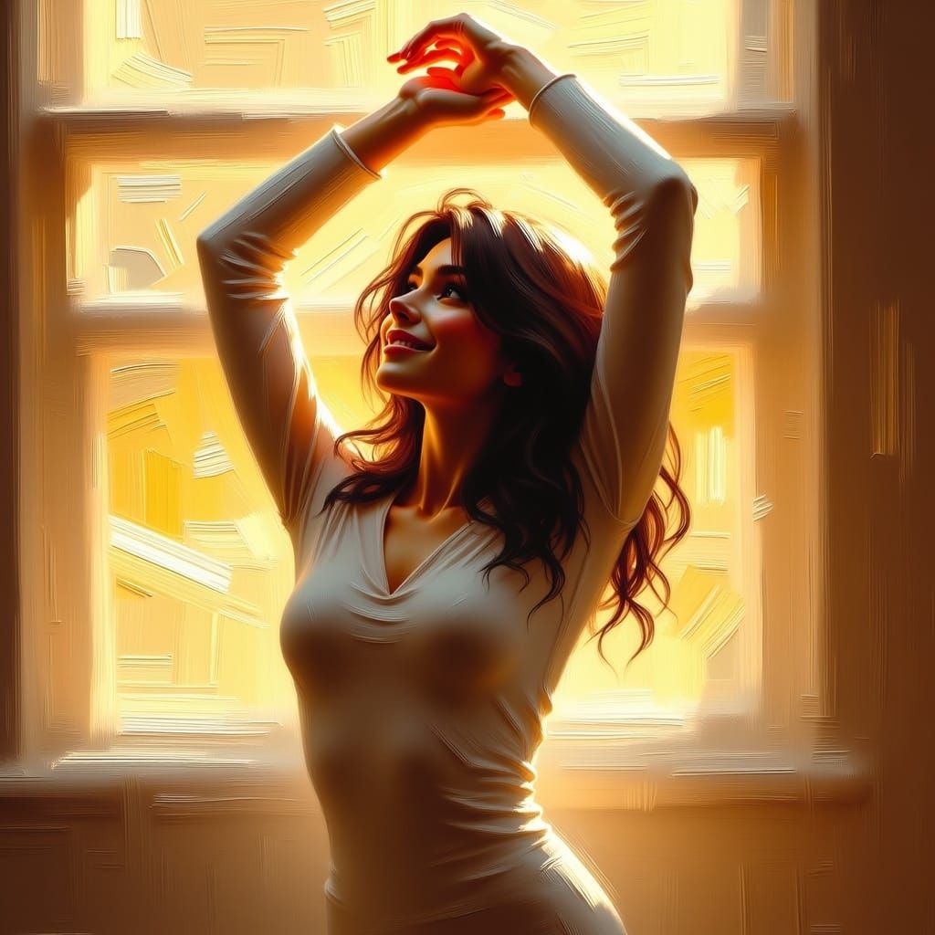 Impressionist Woman Stretching in Golden Sunlight