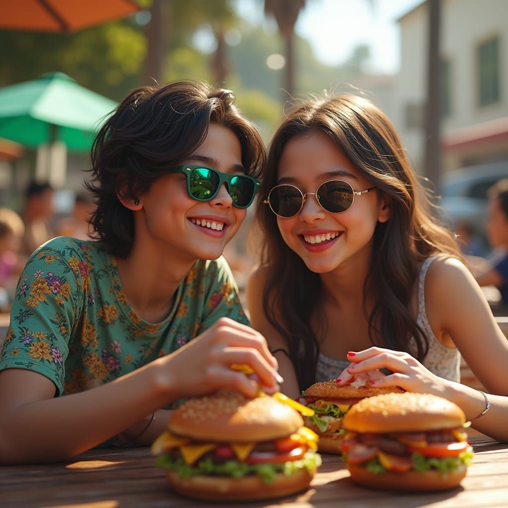 Teenager Enjoys Summer Day Eating Hamburgers with Friend