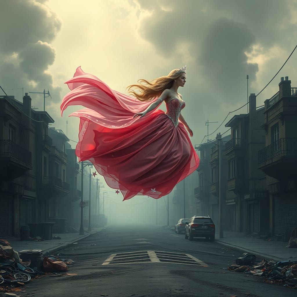 Ethereal Princess in Toxic Suburban Landscape