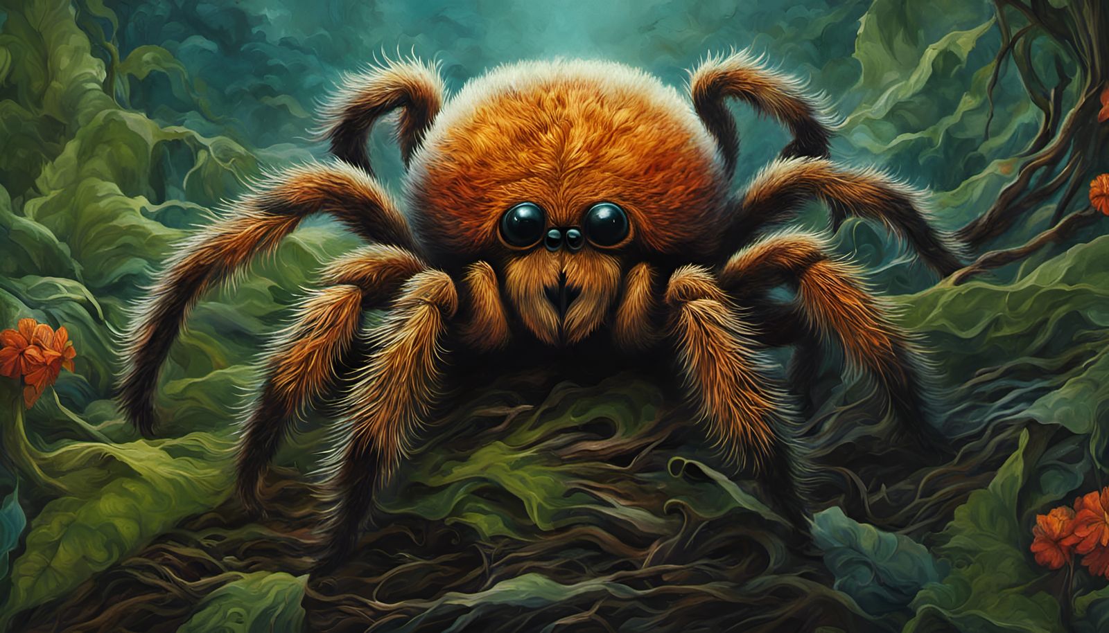 Cute Tarantula in Eerie Dark Fantasy Woods