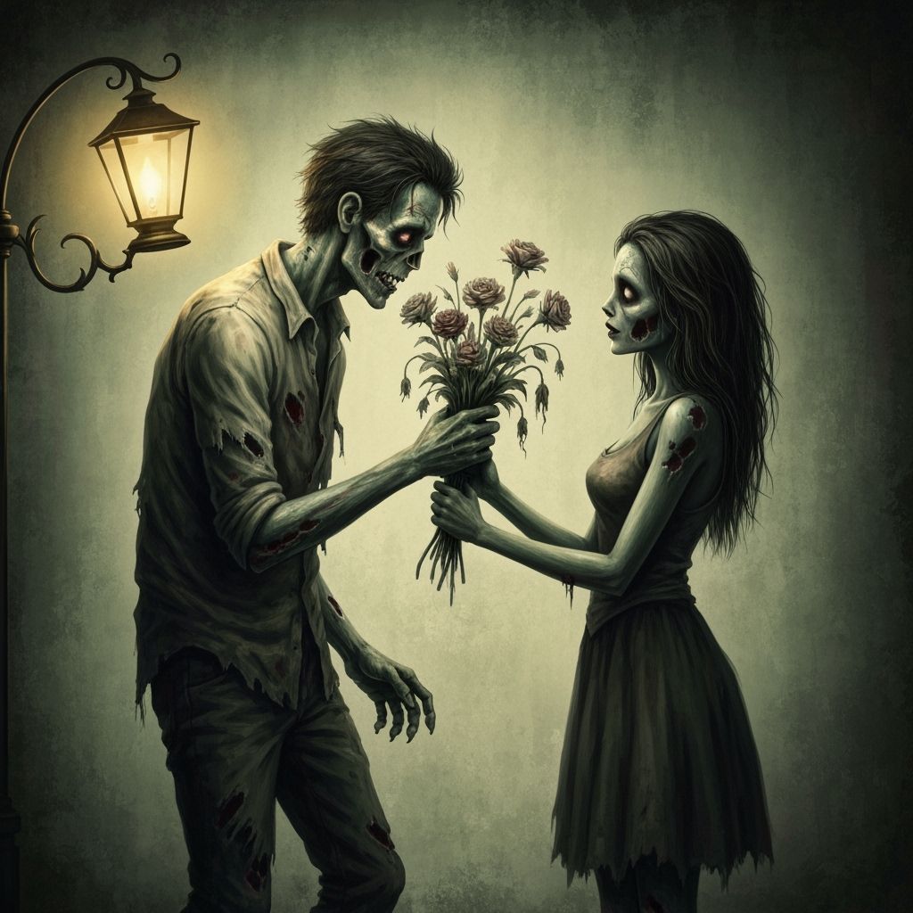Gothic Zombies Exchange Decaying Flowers in Painterly Style