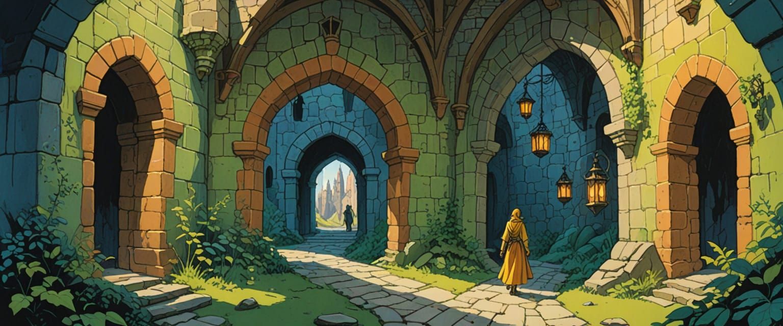 Mysterious Castle Passageway in Comic Book Style