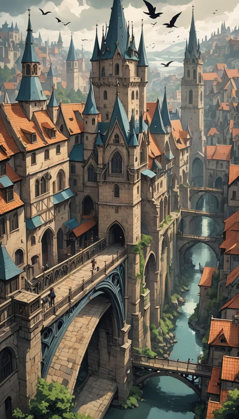 Medieval Cityscape with Birds in Anime Style