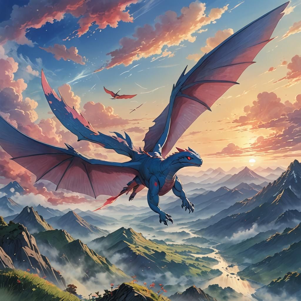 Salamence Soaring Through Misty Valley: Anime Key Visual