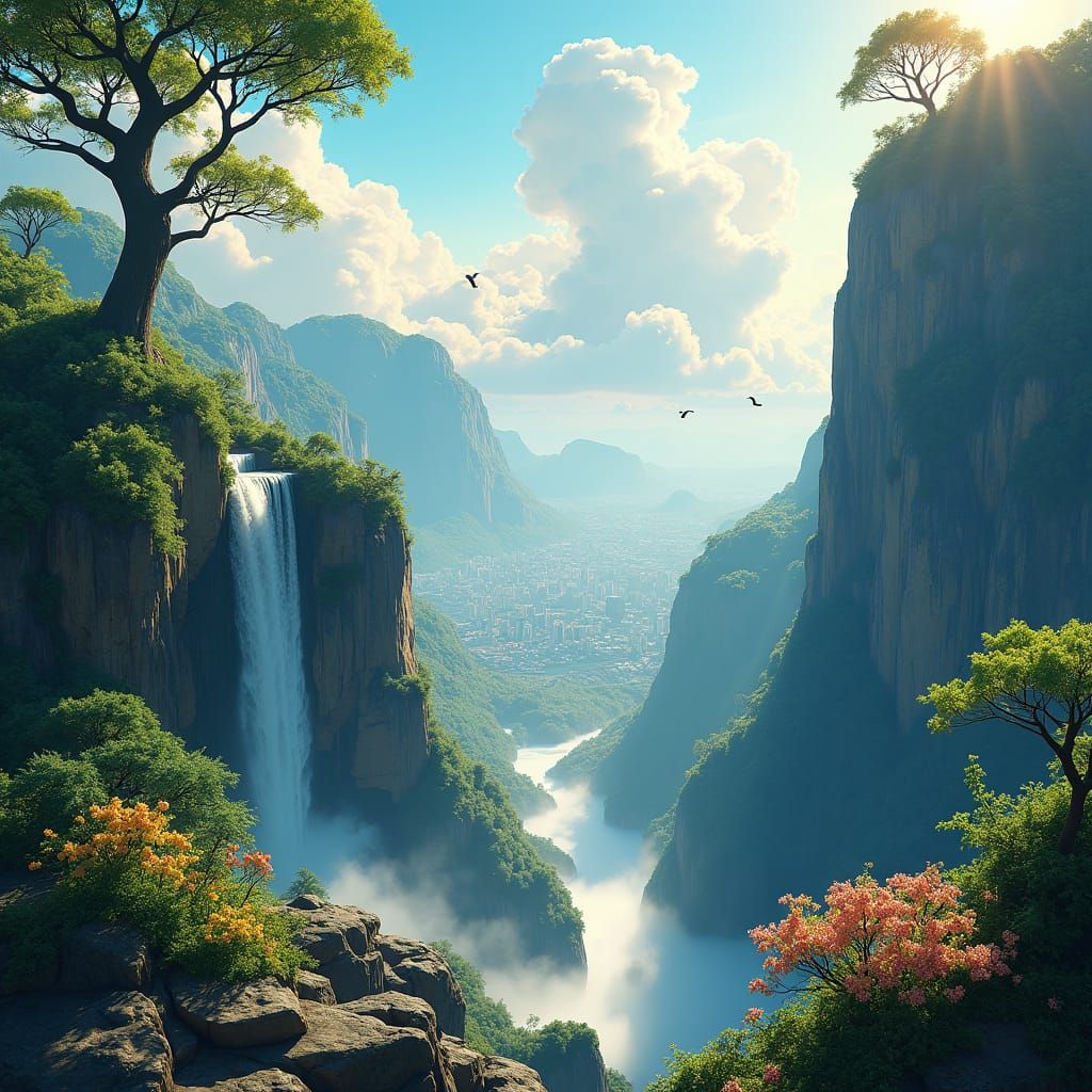 Mountain Waterfall Cityscape in Detailed 3D Anime Style