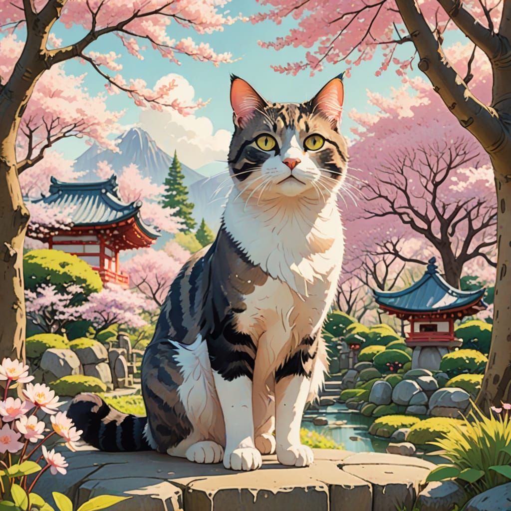 Cat in Japanese Garden, Anime Style