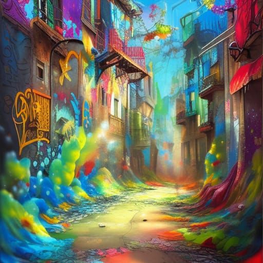 Colorful Fairy Town Graffiti Art in Spray Paint Style