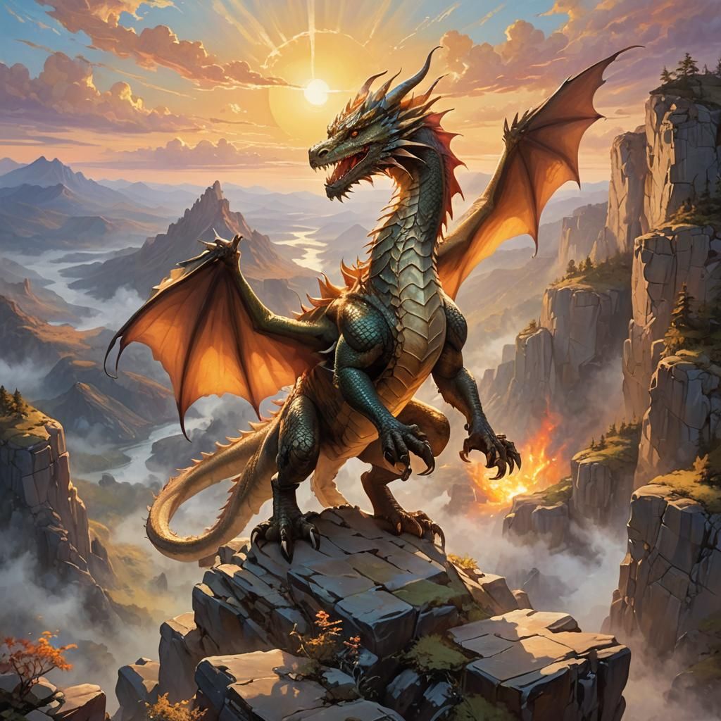 Majestic Dragon Overlooks Sunset Landscape