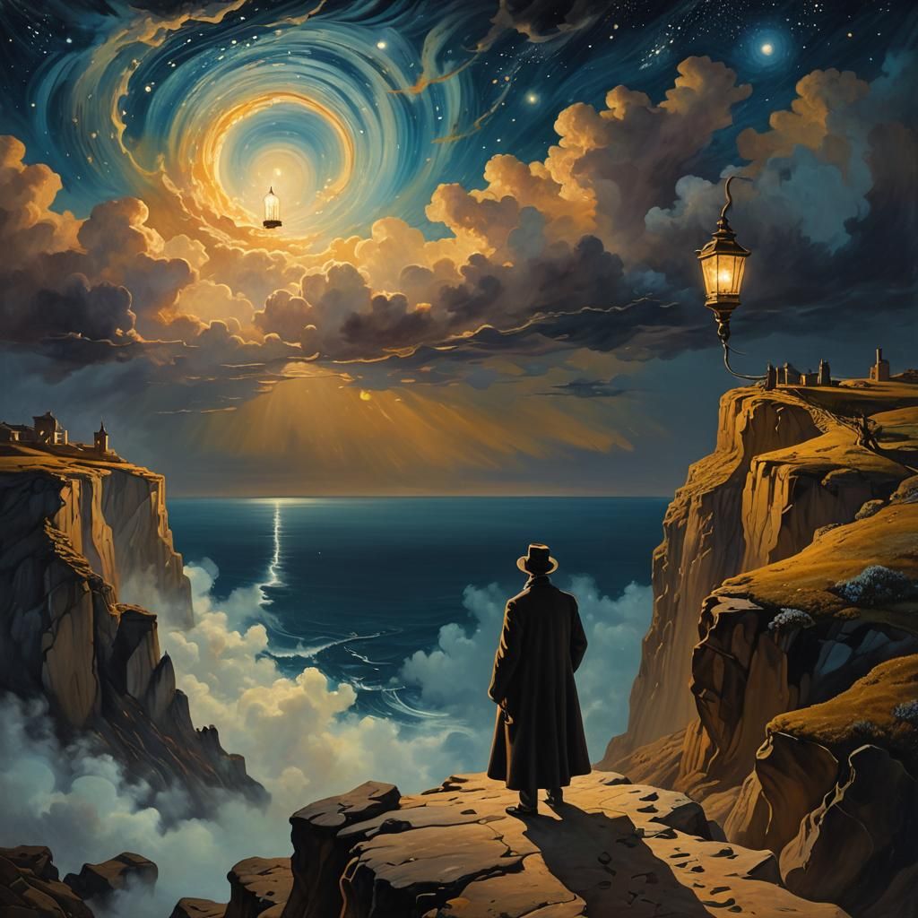 Surreal Starry Night Landscape with Scholar