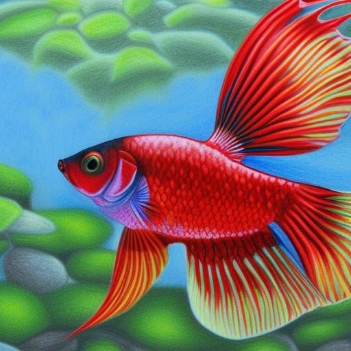 Detailed Colored Pencil Drawing of a Betta Fish