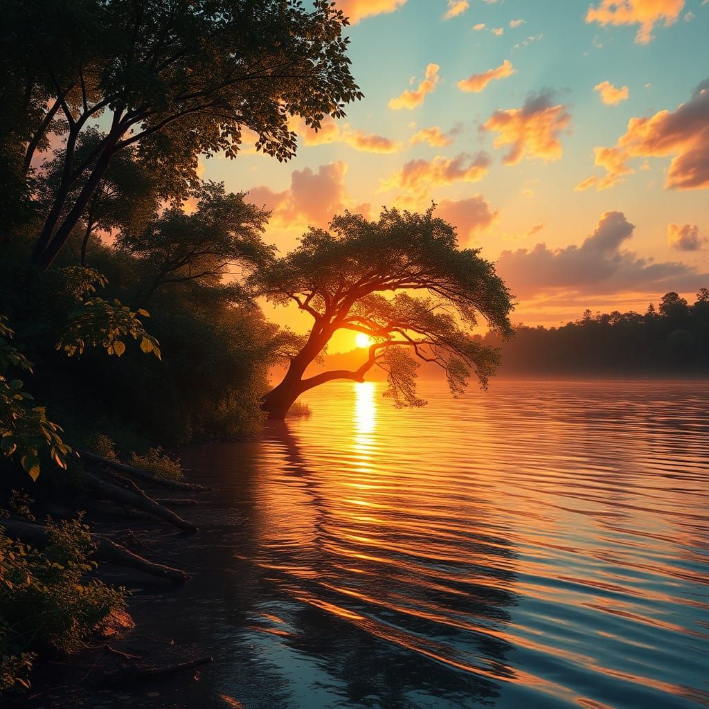 Sunset Riverbank Reflection: Detailed Matte Painting