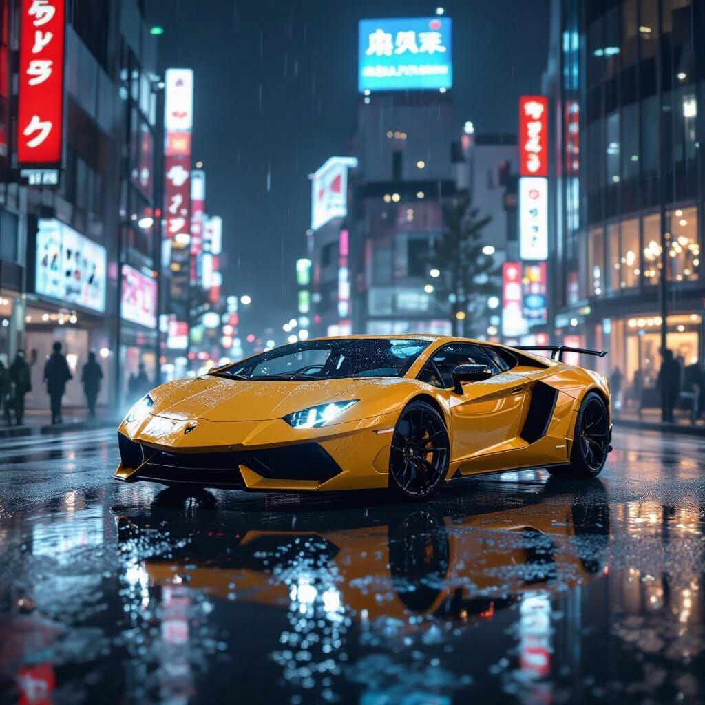 Lamborghini on Tokyo Street at Night in Photorealistic Style