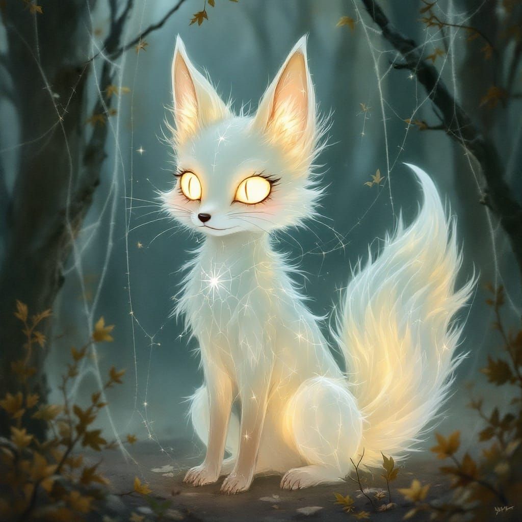 Whimsical Fox Spirit in Eerie Yokai Folklore Style