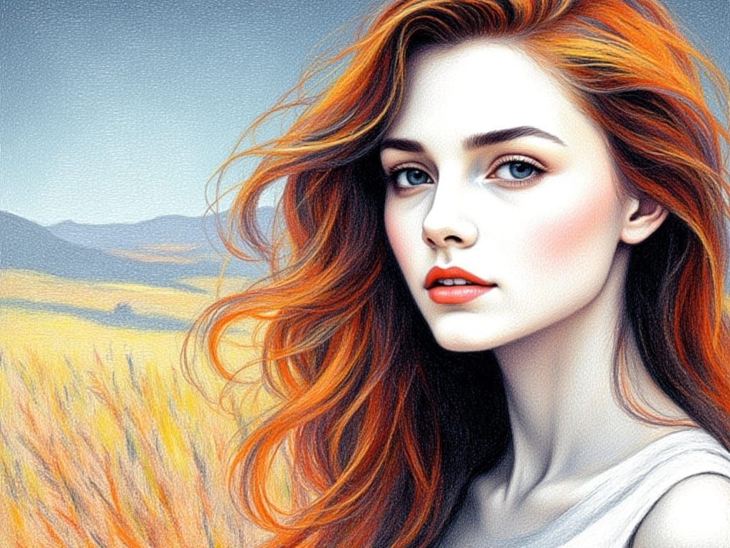 Vibrant Female Figure in Pale Landscape as Neon Chalk Art