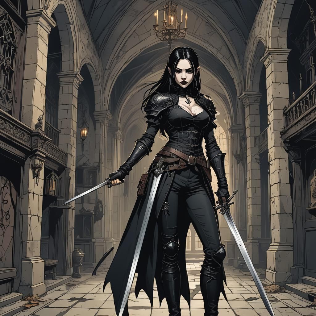 Half-Vampire Woman with Sword in Gothic Setting