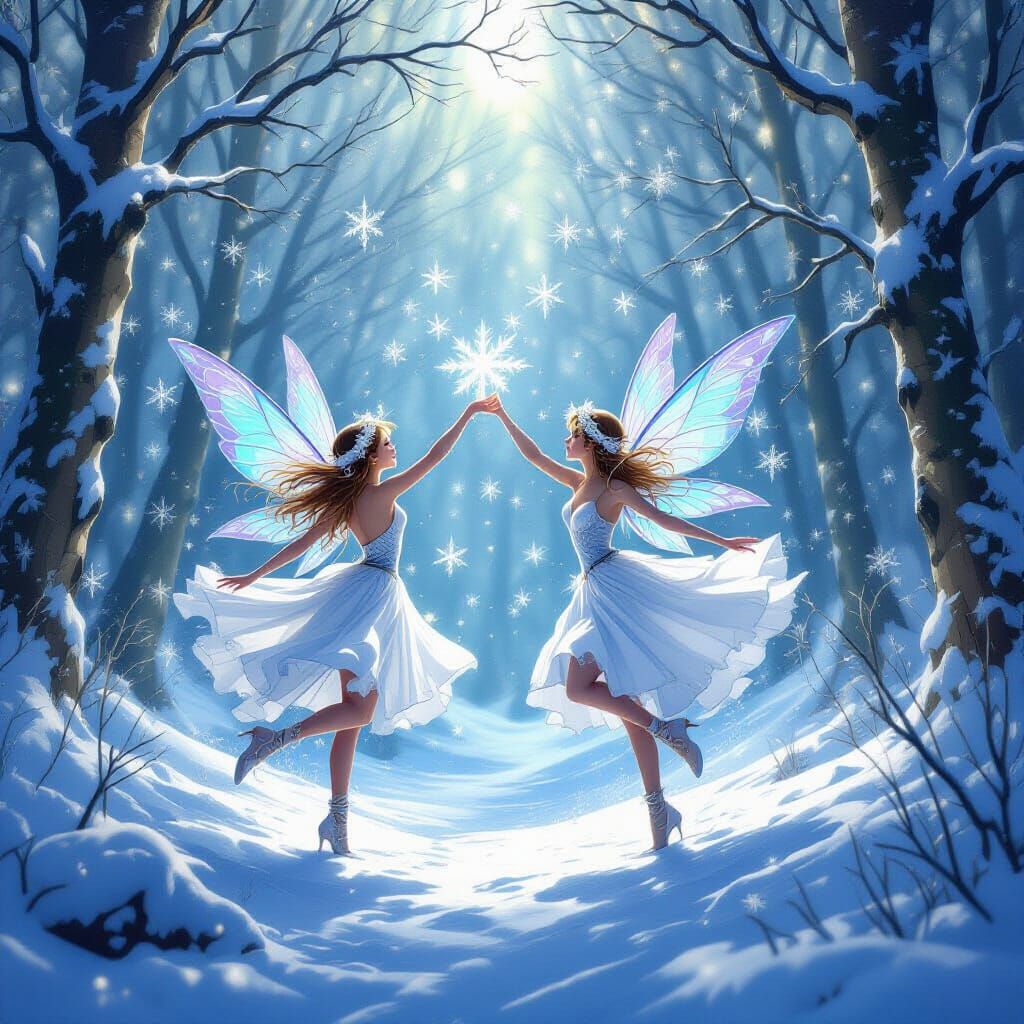 Snowflake Fairies Dancing in Enchanted Forest
